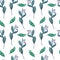 Seamless gouache pattern of blue flowers and green leaves