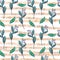 Seamless gouache pattern of blue flowers and green leaves with golden stripes