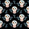 Seamless gouache pattern of mexican skulls and blue flowers black