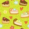 Seamless green pattern with cute cakes, flowers and hearts