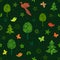 Seamless green pattern with fairy trees, butterflies and birds