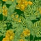 Seamless green pattern with flowers and Toucan