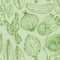 Seamless green pattern with nature mediterranean vegetables. Vegetables vintage Hand-drawn sketch