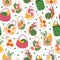 Seamless grocery bag pattern. Fruit and vegetables, organic products shopping. Decor textile, wrapping paper, wallpaper