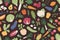 Seamless grocery pattern with healthy fresh vegetables and green food on black background. Design of endless repeatable