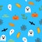 Seamless halloween background with ghosts, pumpkin, spider web and autumn leaves, in blue, raster