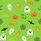 Seamless halloween background with ghosts, pumpkin, spider web and autumn leaves, in green