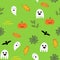 Seamless halloween background with ghosts, pumpkin,  spider web and autumn leaves, in green, vector