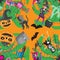 Seamless Halloween holiday pattern. Abstraction witch cauldron cat broom spider web pumpkin candy skeleton braid. Postcard texture