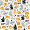 Seamless Halloween pattern with castle, pumpkin heads, ghost silhouettes, stars, isolated on  white background.