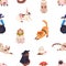 Seamless Halloween pattern with cute cats. Endless background with funny kitties in Helloween costumes repeating print