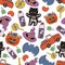 Seamless Halloween pattern. digital clipart illustration of Halloween party.witch,monster, ghost, bat, black cat and pumpkin.
