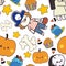 Seamless Halloween pattern. digital clipart illustration of Halloween party.witch,monster, ghost, bat, black cat and pumpkin.