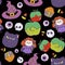 Seamless Halloween pattern. digital clipart illustration of Halloween party.witch,monster, ghost, bat, black cat and pumpkin.