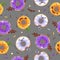 Seamless halloween pattern with funny kawaii sweet spooky donuts. Halloween background.