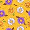 Seamless halloween pattern with funny kawaii sweet spooky donuts. Halloween background.