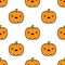 Seamless halloween pattern with scared kawaii style pumpkins on white background.