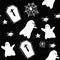 Seamless Halloween pattern. White and Black Sweet little ghosts and spider friends, gravestones, spider webs and little stars.