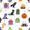 Seamless halloween pattern witch magic candies gifts icons set flat design line art vector illustration