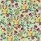 Seamless hand drawn autumn pattern with owls and flowers.
