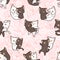 Seamless hand drawn couple cat character on floral background