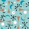 Seamless hand drawn mid century modern pattern in beige blue turquoise black white colors. Retro vintage 50s 60 atomic