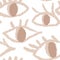 Seamless hand drawn pattern with beige evil third eye, traditional ethnic evil protection background. Pastel open eye