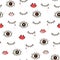 Seamless hand-drawn pattern of closed and open eyes, lips and he