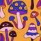 Seamless hand drawn pattern with hippie groovy mushrooms in orange purple blue red colors. Retro vintage 1960s 1970s