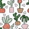 Seamless hand drawn pattern with houseplants, indoor plants flowers in pots, green leaves potted herbs. Urban jungle