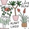 Seamless hand drawn pattern with houseplants, indoor plants flowers in pots, green leaves potted herbs. Urban jungle