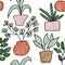 Seamless hand drawn pattern with houseplants, indoor plants flowers in pots, green leaves potted herbs. Urban jungle