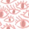 Seamless hand drawn pattern with pink evil third eye, traditional ethnic evil protection background. Pastel open eye
