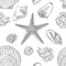 Seamless hand drawn pattern with seashells, starfish and coral.