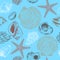 Seamless hand drawn pattern with seashells, starfish and coral.