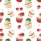 Seamless hand drawn pattern of sweet cupcakes and cherries painted with watercolor.