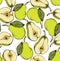 Seamless hand drawn pear background. Sketch style set of fruit. Vintage Eco food. Vector illustration.