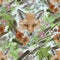 Seamless hand drawn watercolor pattern with fox head, feathers, flowers.