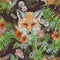 Seamless hand drawn watercolor pattern with fox head, feathers, flowers.