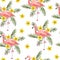 Seamless hand drawn watercolor pattern with pink flamingo, romantic couple in love, palm leaves plumeria frangipani