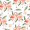 Seamless hand drawn watercolor pattern with pink flamingo, romantic couple in love, palm leaves plumeria frangipani