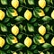 Seamless hand rawn watercolor lemon pattern on dark green background. Botanical illustration of yellow citrus fruits