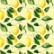 Seamless hand rawn watercolor lemon pattern on yellow background. Botanical illustration of yellow citrus fruits. Ideal