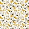 Seamless happy Halloween pattern. Funny cartoon monsters, ghosts, aliens. Scary halloween character design. Terrible monsters