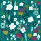 Seamless hight detailed botanical pattern with ink drawn flowers. Floral green texture for fabric, textile, digital papers. Vector