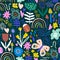 Seamless hight detailed botanical pattern with rainbows, bugs, butterfly, flowers, leaves. Floral texture for fabric, textile,