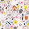 Seamless hight detailed botanical pattern with rainbows, mushrooms, bugs, butterfly, flowers, leaves. Hand drawn pink Floral