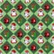 Seamless holiday pattern. Cheerful penguins in smart red hats and presents. Geometric ornament in Christmas colors