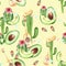 Seamless holiday pattern with green cacti, Mexican guitars, hats, maracas, a garland of flags, juicy avocado slices and pink flowe