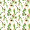 Seamless holiday pattern with green cacti, Mexican guitars, hats, maracas, a garland of flags, juicy avocado slices and pink flowe